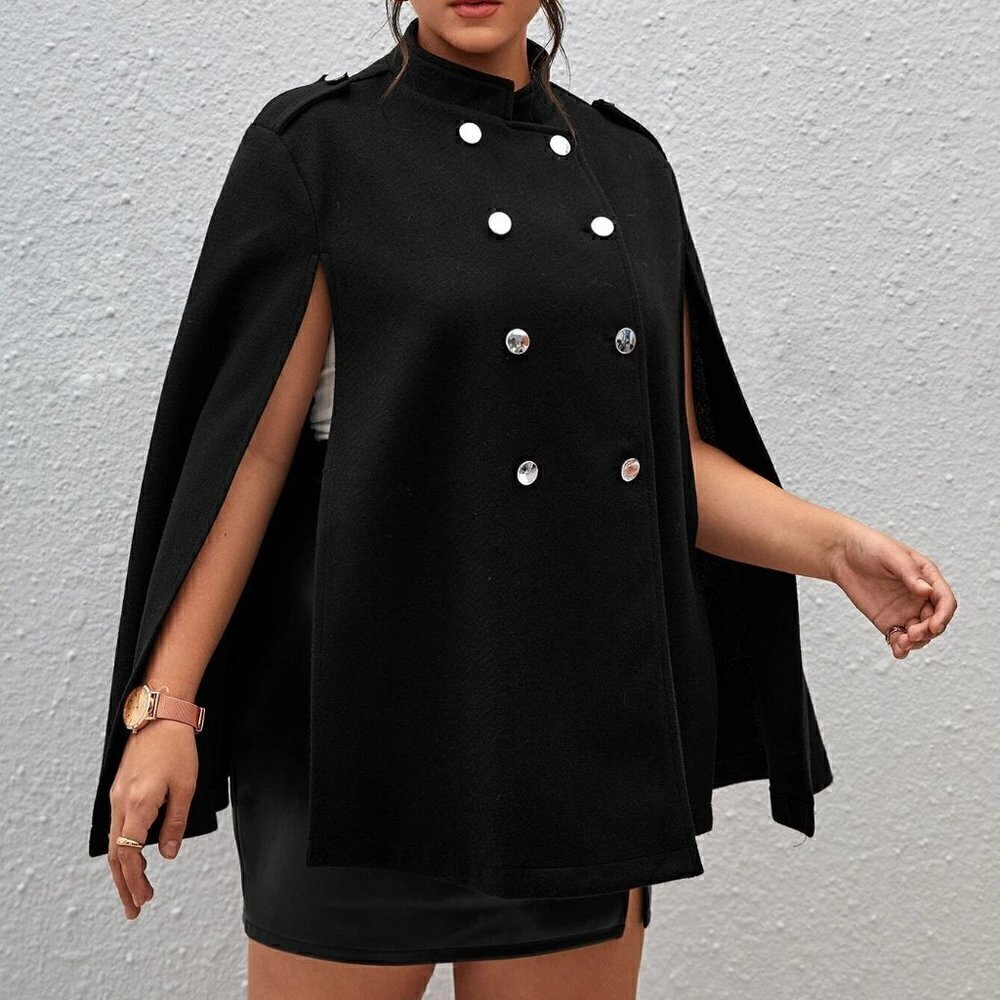 Black Boho Womens Plus Double Breasted Cloak Sleeve Overcoat - Picture 4 of 5